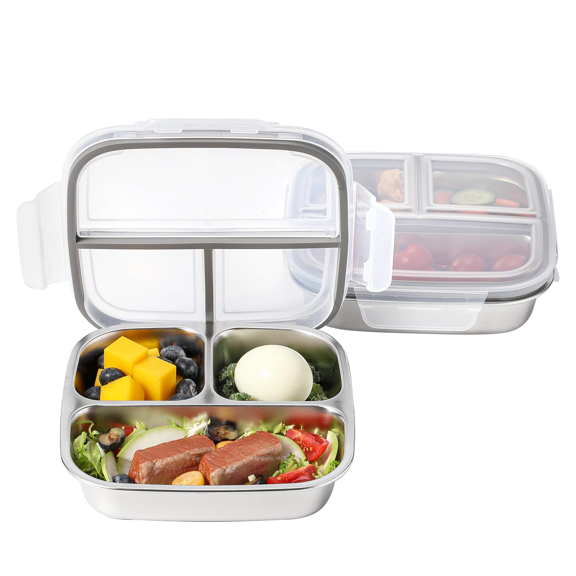 Photo 1 of 2 Pack Stainless Steel Snack Containers with Lids 3 Compartment Snackle Box Container Lunch Box for Adults Meal Prep Bento Box Containers Reusable Work (2, Gray, 600ml)