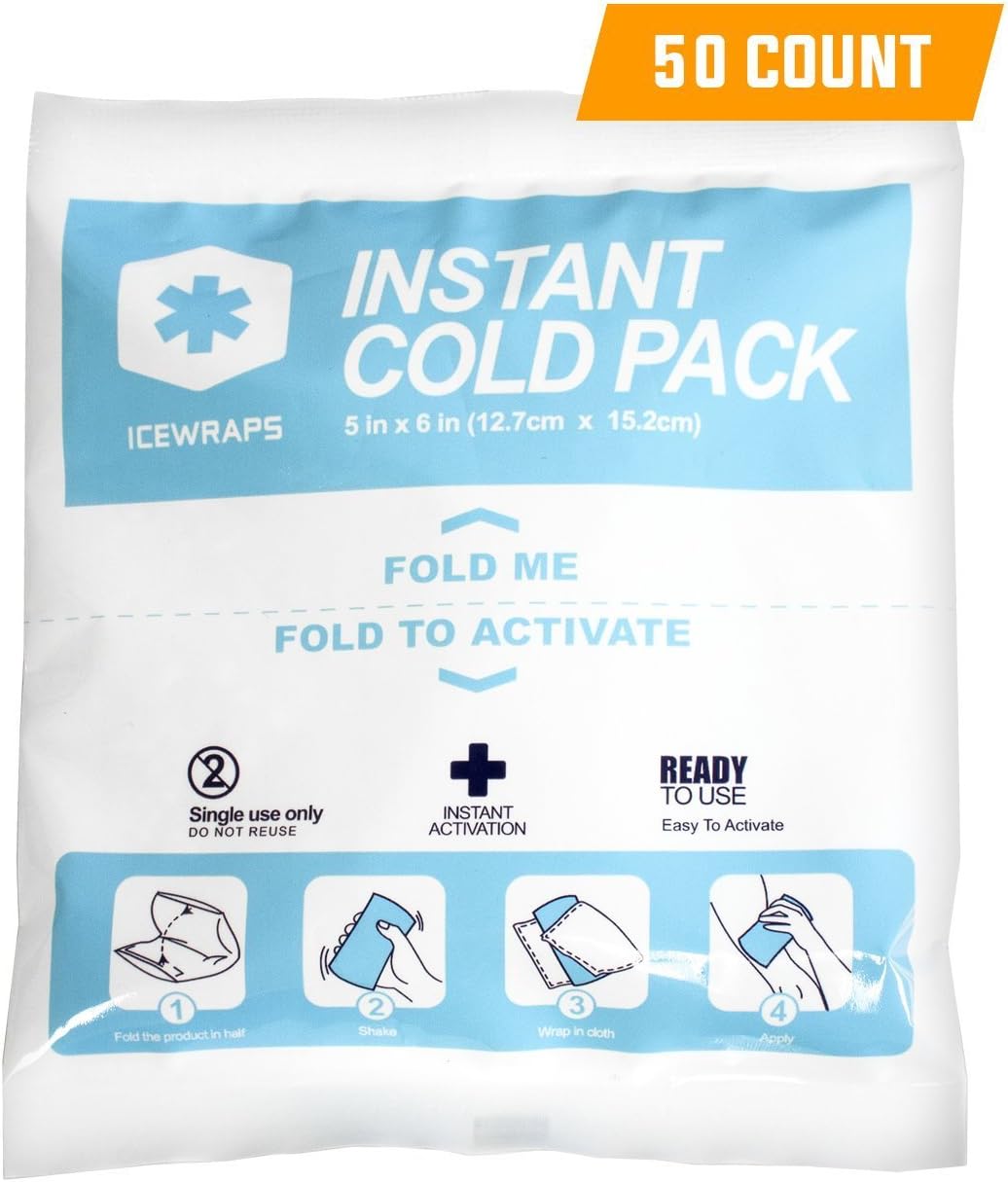 IceWraps 5” x 6” Instant Cold Breakable Ice Packs - Emergency Disposable First Aid Ice Packs - Bulk Case of 50