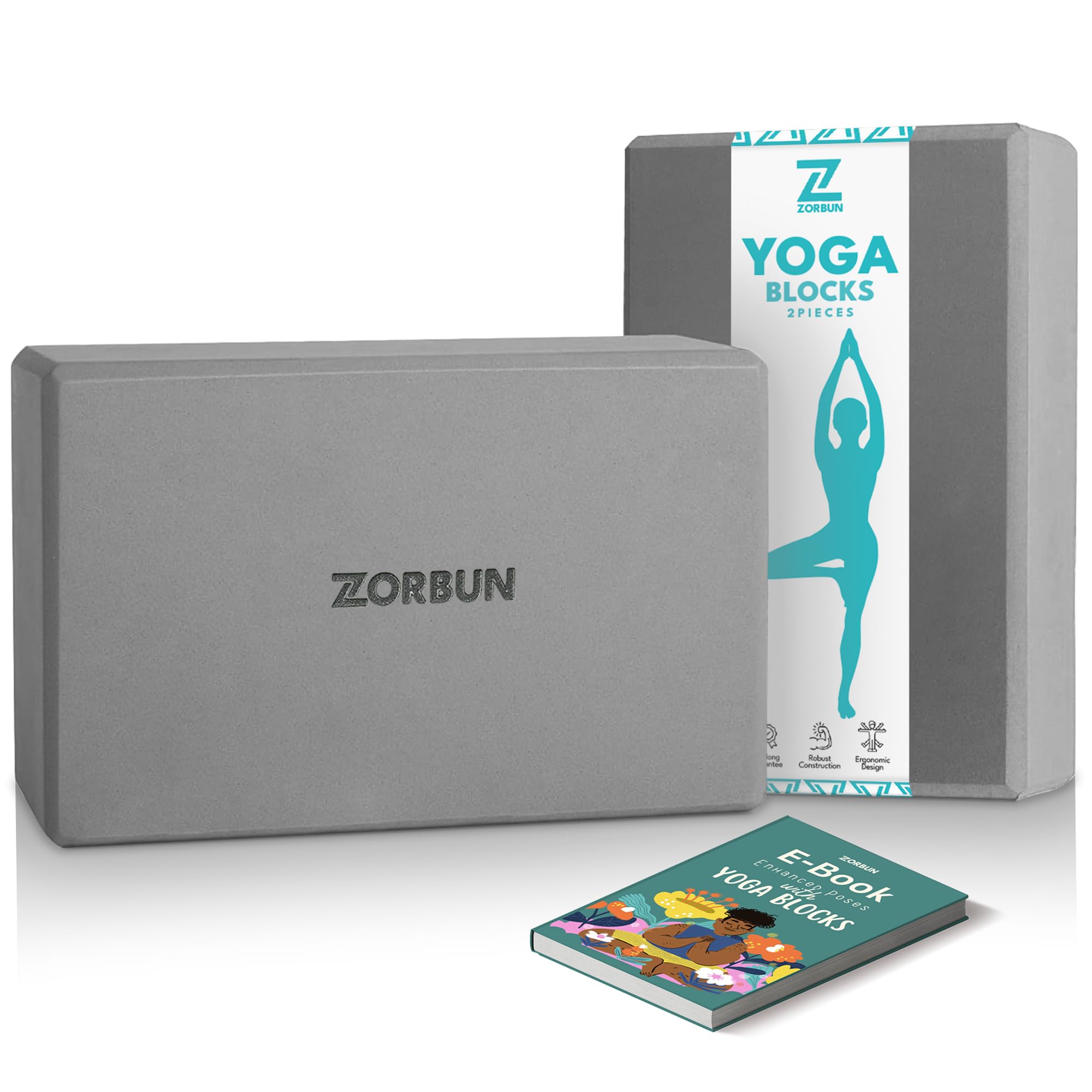 Yoga Block Set of 2 - High Density EVA Foam Blocks - Light Grey Anti-Slip Yoga Brick with eBook - Perfect for Pilates, Exercise, & Meditation
