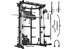ER KANG Smith Machine, 3800LBS Strength Training Power Cage with Smith Bar, Squat Rack with LAT Pull Down System, Multi-Function Linear Bearing Cable Crossover Machine for Home Gym
