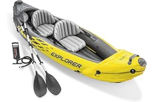 INTEX 68307EP Explorer K2 Inflatable Kayak Set: Includes Deluxe 86in Aluminum Oars and High-Output Pump – SuperStrong PVC – A