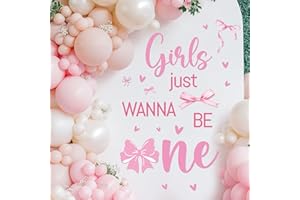 TAKEALOOKO Girls Just Wanna Be One Decal - Pink Bow First Birthday Party Decorations Backdrop Sign Balloon Arch Decor Sticker, Sweet Ones Theme Bithday Parties Decoration Photo Background Props(Only Sticker)