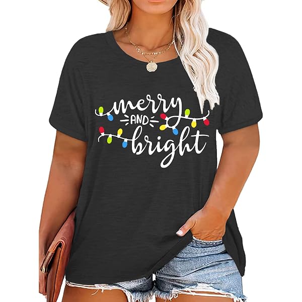BOLOMI Women's Christmas T-Shirt – Merry Casual Graphic Tee, Buffalo Plaid Tree Design - View #2