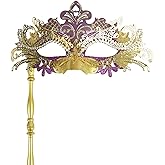 Pretishows Masquerade Mask with Stick for Women Mardi Gras Venetian Handheld Masks Gold and Purple for Opera Halloween Costume