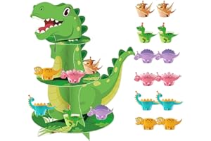 3-Tier Dinosaur Cupcake Stand with 12PCS Wrappers: Heavy-Duty Cardboard Dino Party Decorations — Jurassic Theme Dessert Displ