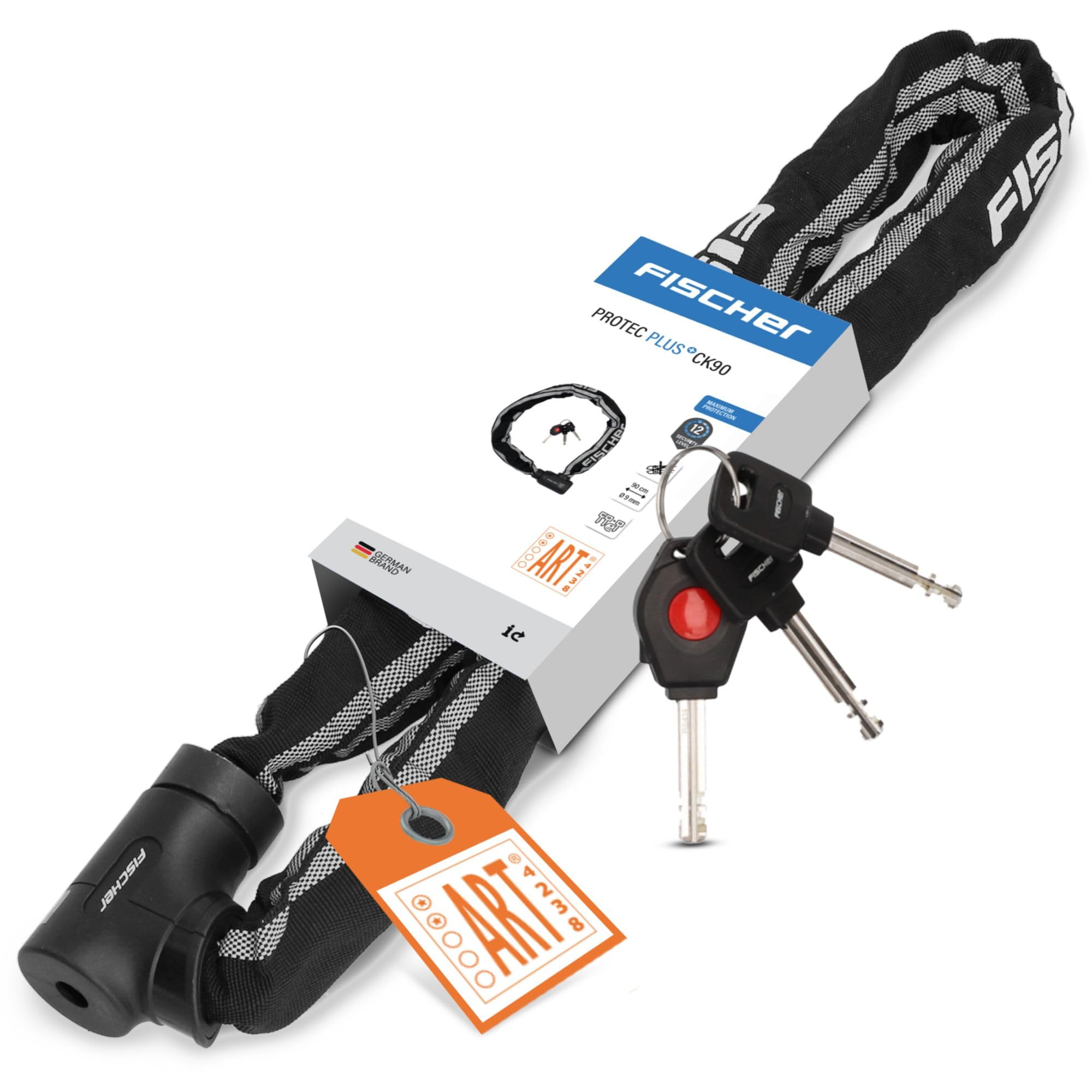 FISCHER PROTEC Plus+ CK100 Bicycle Chain Lock, Steel, Safety Art-Certified, with 3 Keys, Black, Pack of 1