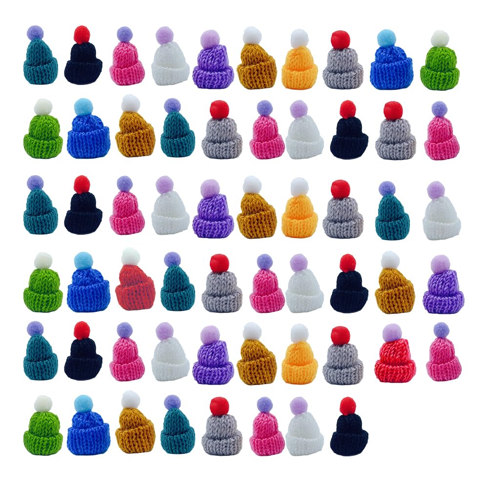 ONEBO 58 Pcs Mini Knitting Hats,Wooden Peg Dolls Hats with Pom Pom Balls,Christmas Mini Knitting Hat,Wool Yarn Hair Accessories,Cute Doll Hat,for Craft Art Projects and Decoration(Random colour)