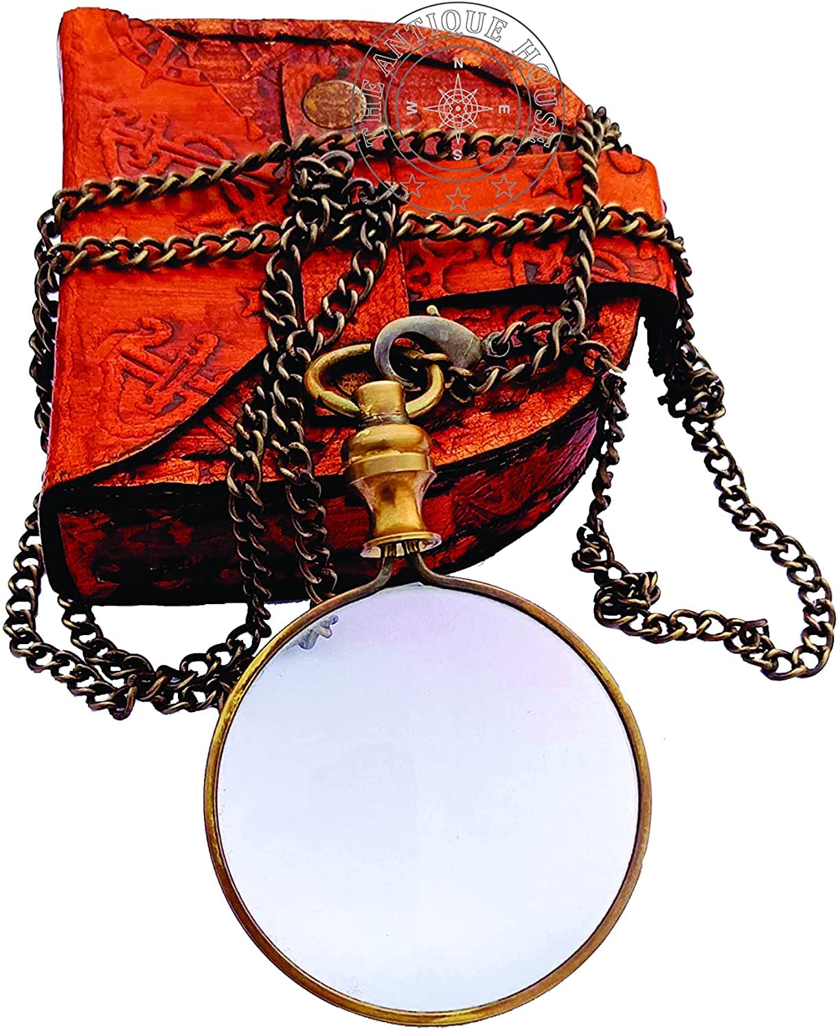 Antique Brass Magnifying Glass, Optical Magnifier Lens with Necklace Chain Monocle for Library Reading Fine Print Zooming Increase Vision