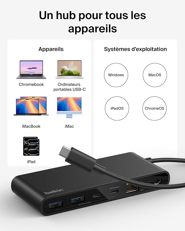 Connect Hub USB C 8-en-1, Prise en Charge De La Résolution 4K à 60 Hz, Fonctionne avec Mac, Windows, Chromebook, PD de 100 W, Transfert De Données De 10 Gbit/s, Ethernet De 2,5 Gbit/s - Noir
