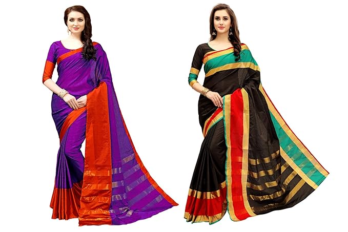 Womens Cotton Silk Saree Combo Pack of 2 (Multicolored)