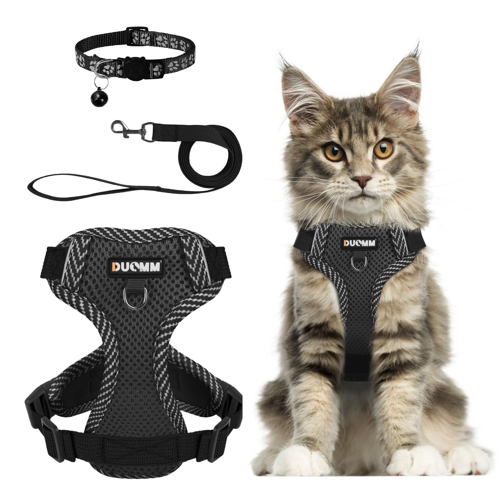 Muecleao Cat Harness & Lead Set: Adjustable Kitten Harness & Escape-Proof Cat Vest with Reflective Strips & Leash for Small Cats (Black, S) — image 1