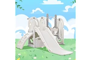 Virubi 5 in 1 Swing & Slide Playset, Freestanding Baby Slide Set with Climber, Basketball Hoop and Storage Space, Kid Slide for Toddlers Age 1+ Outdoor & Indoor (Blue Slide with Swing)