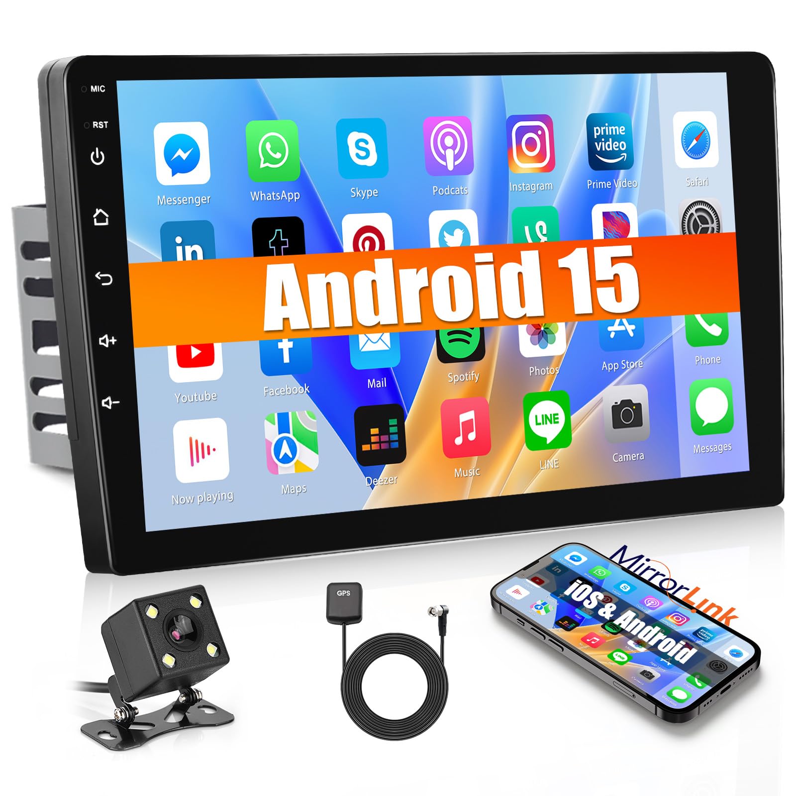 Photo 1 of 1G+32G Android 15 Radio 10.1 Inch Double Din Car Stereo with GPS Navigation Touch Screen Car Radios with Backup Camera, Support WiFi Bluetooth FM, Mirror Link+Dual USB