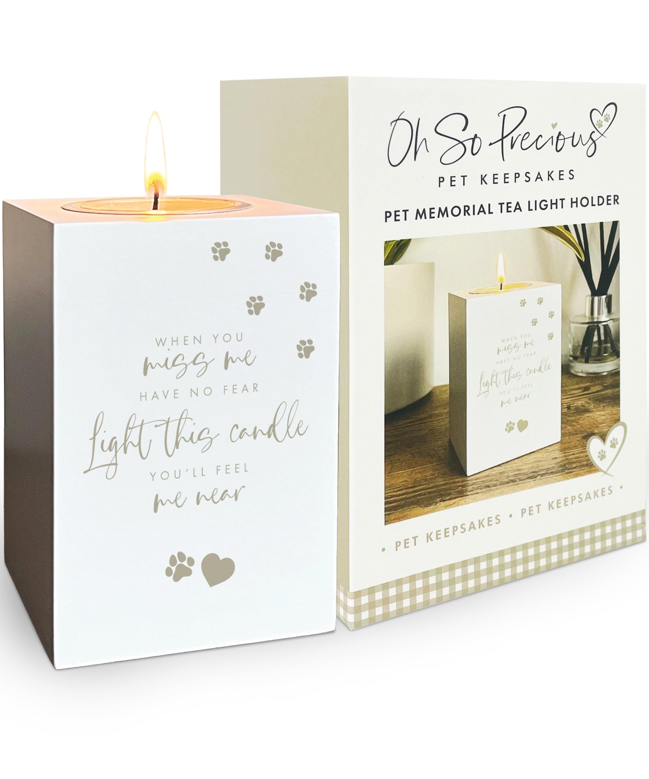 Pet Memorial Tea Light Holder | White Wooden Bereavement Candle Holder with Paw Prints, Heart Design, and Verse | Sympathy Gift for Pet Loss | 10x7x7cm