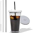 Reusable Iced Coffee Cup (16 Oz/Grande), Leak Proof and Double Wall Insulated Iced Coffee Tumbler, Come with Reusable Plastic and Metal Straws and Straw Cleaner