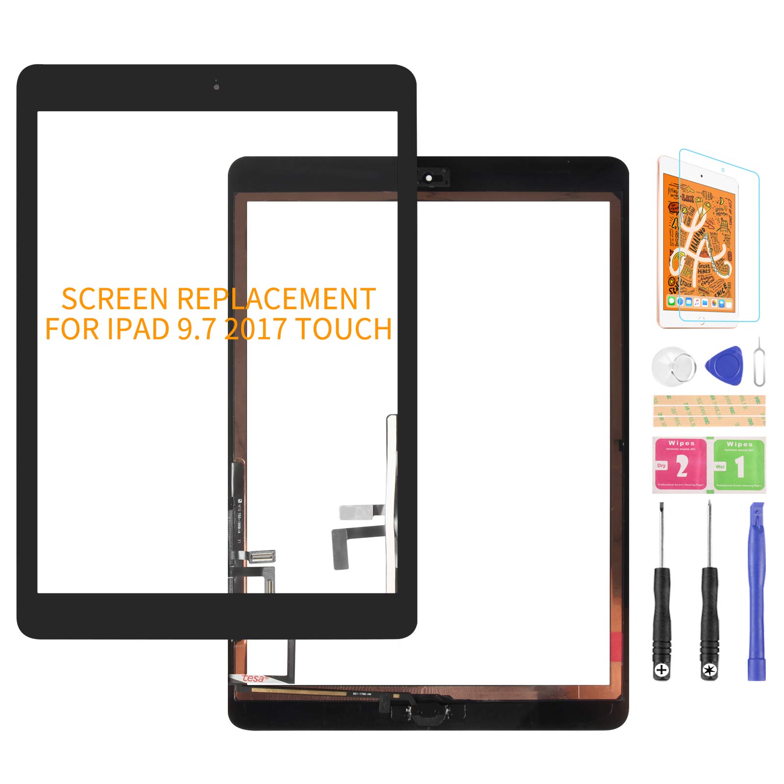 For iPad 9.7 Touch Screen 2017 A1822 Digitizer Glass Replacement For iPad 5 Generation Touch Display Panel Repair Parts Kit,with Tempered Glass+Tools+Home Button(Not include LCD Not Fit Air 1) (Black)