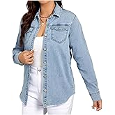VipHoney Women's Denim Button Down Shirt – Raw Hem, Distressed Holes, Long Sleeve Jean Top,Oversized Denim Shirt