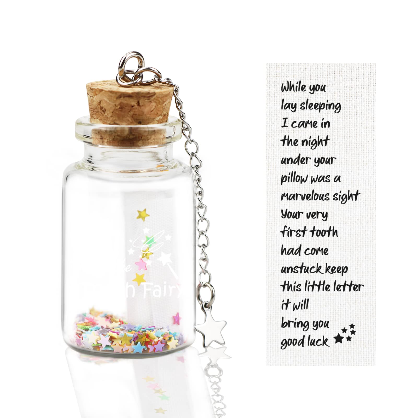 free-space Tooth Fairy Letter with Keepsake Box Tooth Lost Memorial Bottle Gift Boy or Girl Shiny Star with Message Cloth (Bottle)