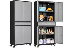 SISESOL Metal Garage Storage Cabinet with Wheels and Drawer,Gray Rolling Garage Cabinet with Locking Doors and Adjustable Shelves,73" Tall Mobile Metal Storage Cabinets on Wheels for Home,Office,Garages,Tool