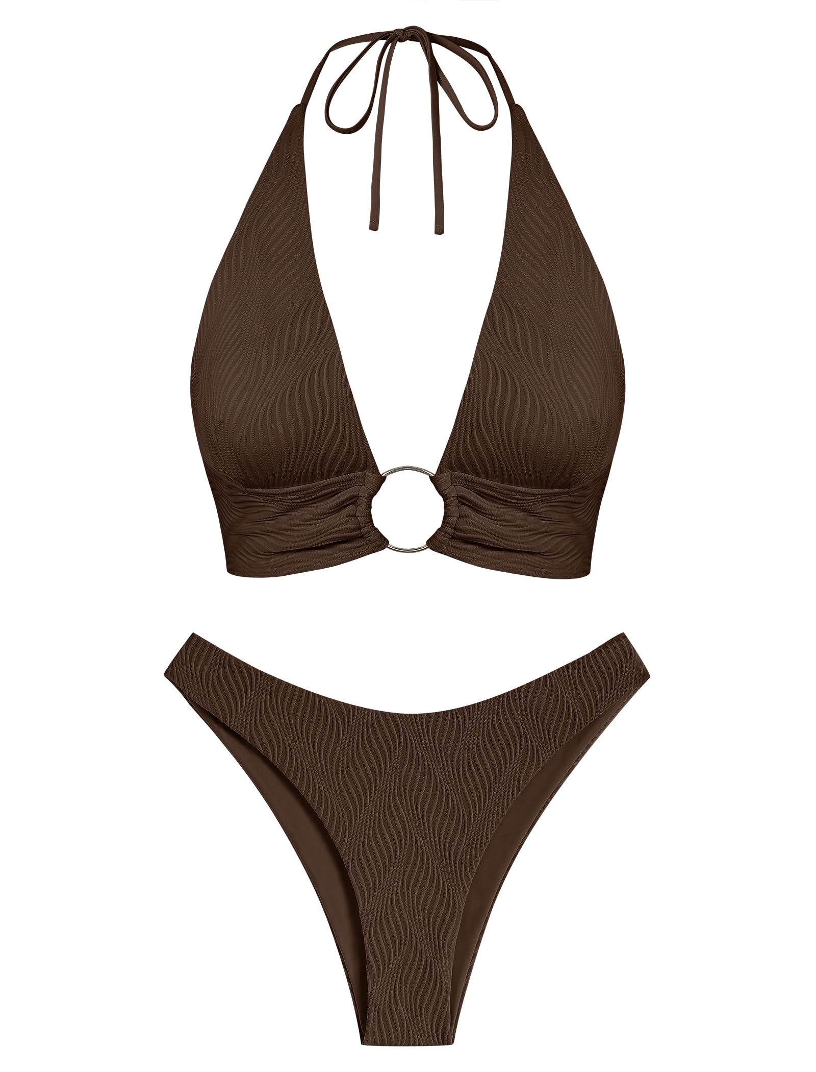 Photo 1 of ZAFUL O Ring Halter Bikini Sets for Women High Cut Swimsuits Trendy 2 Piece Bathing Suit Wave Textured Coffee S