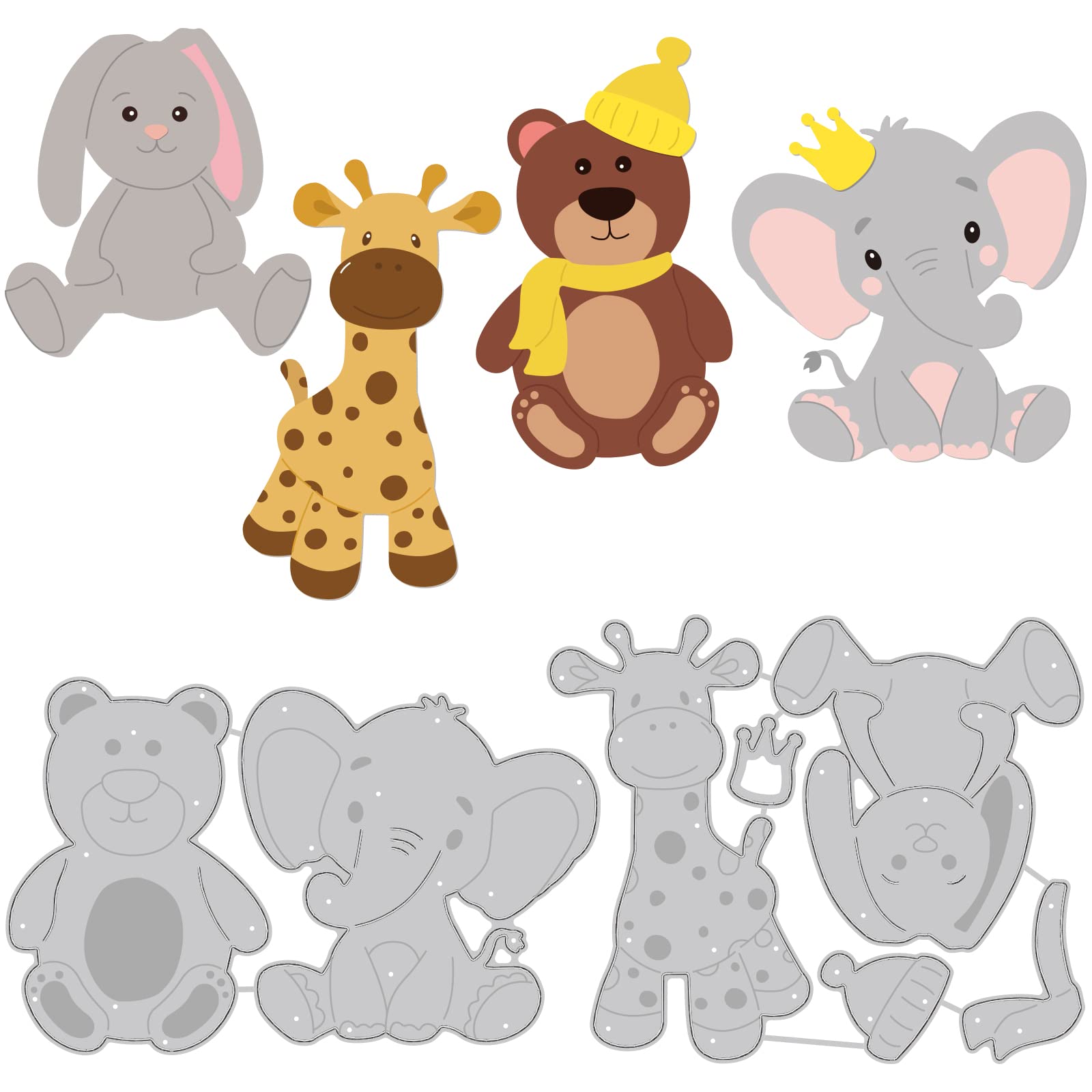 BENECREAT 2Pcs 4 Style Stuffed Animal Cutting Dies, Bear Elephant Rabbit Deer Embossing Stencils Template for Card Scrapbooking and DIY Craft Album Paper Card Decor, 0.8mm Thick