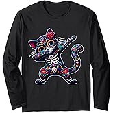 Dia De Los Muertos Cinco De Mayo Dabing Cat Sugar Skull Long Sleeve T-Shirt