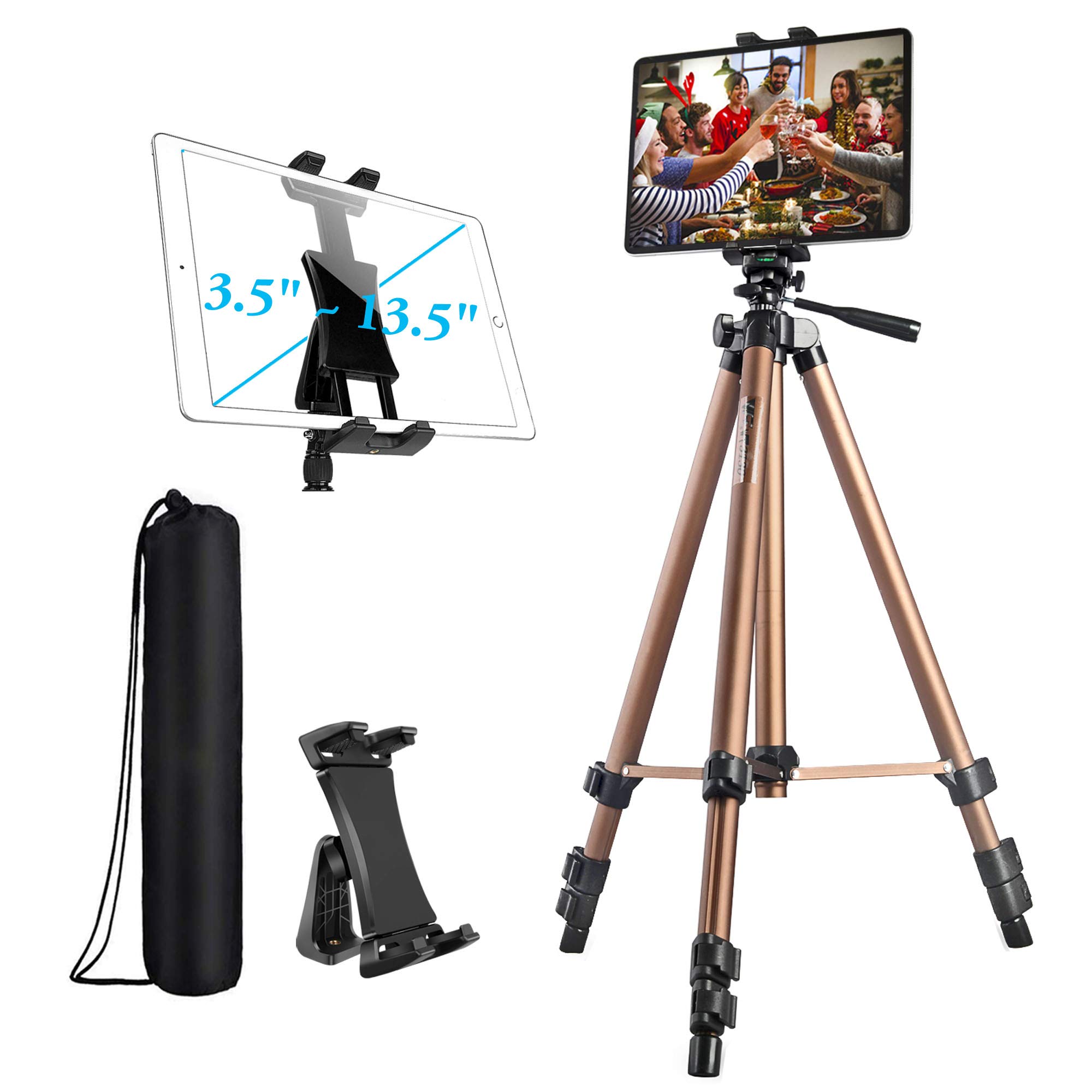 Atoptek Ipad Tripod Stand Phone Tablet Tripod mount Holder 51 inch Adjustable Aluminum for iPad Pro 12.9 11 10.5, iPad Air Mini, Surface Galaxy Tab 3.5 to 13.5in Phone Tablet - Champagne