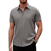 Alimens & Gentle Men's Short Sleeve Dress Shirts Stretch Regular Fit Shirt Casual Button Down Business Shirts Dark Grey