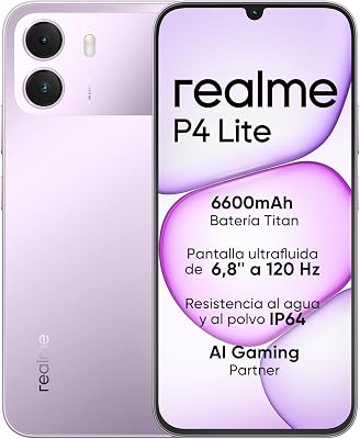 Smartphone realme P4 Lite 4G, 4GB+128GB, Pantalla LCD HD 120Hz 6,8", Batería Titan 6600mAh, Carga 15W, Carga inversa 6W, IP64 Antipolvo e Impermeable, Sistema Next IA, Púlsar Morado (Sin Cargador)