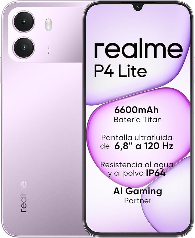 Smartphone realme P4 Lite 4G, 4GB+128GB, Pantalla LCD HD 120Hz 6,8", Batería Titan 6600mAh, Carga 15W, Carga inversa 6W, IP64 Antipolvo e Impermeable, Sistema Next IA, Púlsar Morado (Sin Cargador)