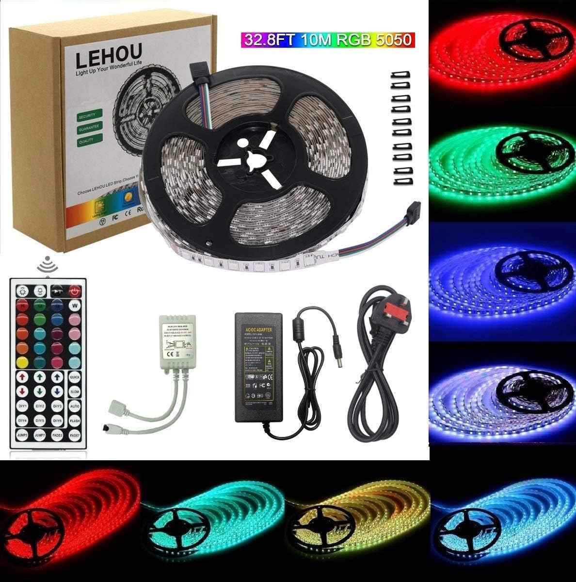 LED Strip Lights, LEHOU 32.8ft/10M 600Leds RGB Flexible Colour Changing Strips LED Ribbon with 44 Key Remote+24V/6A UK Power Supply for Kitchen, Stairway, Bedroom, Home Lighting