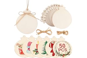 CYAOOI 50pcs Round Wooden Ornaments with Hole, 4'' Unfinished Predrilled Wood Slices Wood Circles for Crafts Centerpieces, DIY Wooden Christmas Ornaments for Christmas Trees Decor Hanging Ornaments
