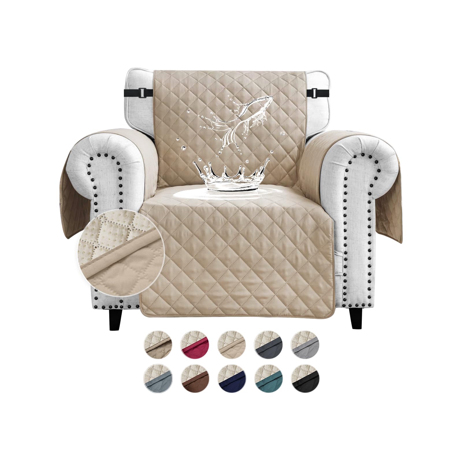 FIGOOO Sofa Covers Water Resistant Sofa Slipcovers 1 Seater Waterproof Anti-Slip Anti-Scratch Sofa Cover with Non Slip Elastic Straps for Dogs Cats Pets,Beige