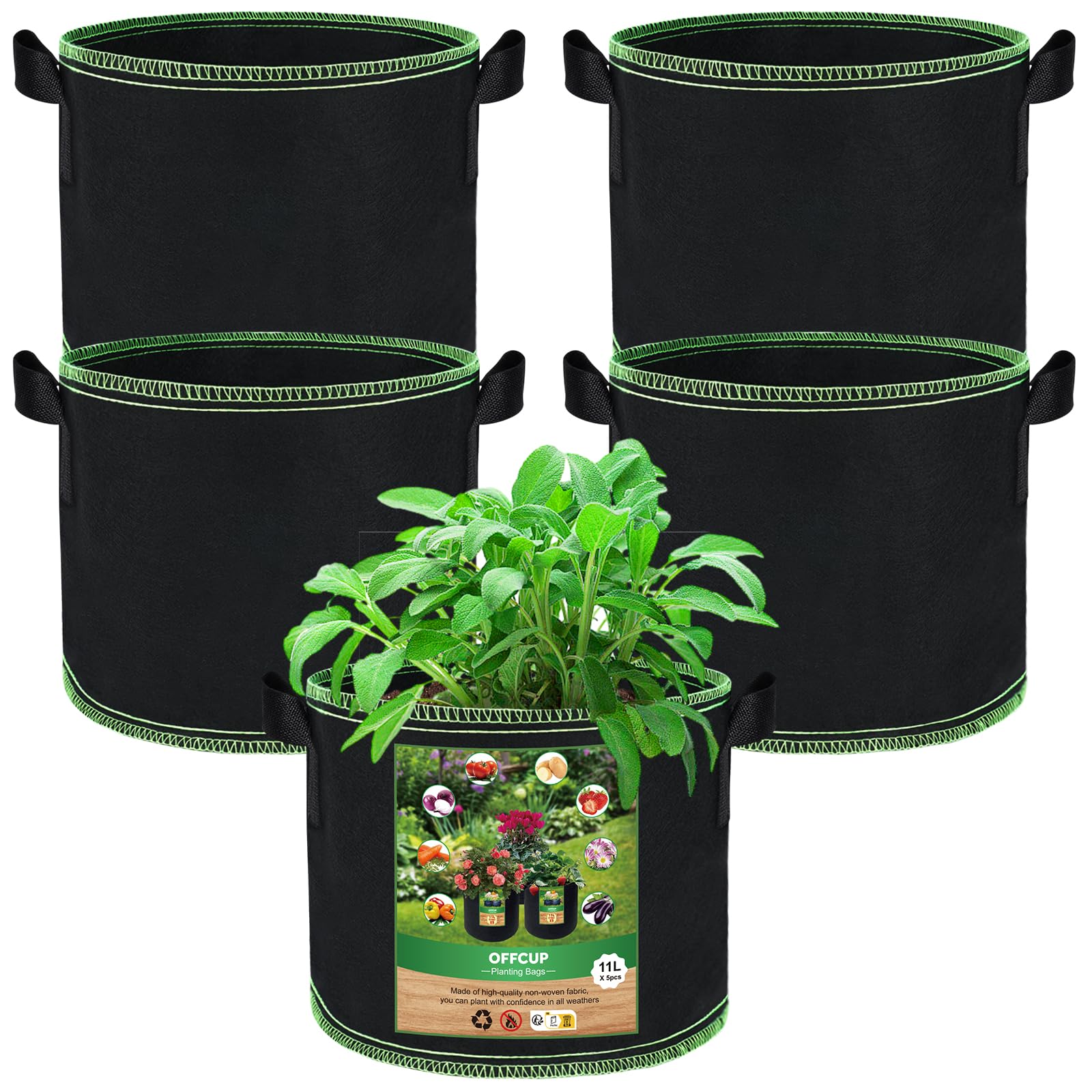 OFFCUP Plant Grow Bags, 5pcs 3 Gallon Planter Bags, Breathable Nonwoven Fabric Pots Vegetables Tomato Flower Plant Container with Handles for Garden Vegetable Flower Plant Fruits Outdoor (Black)