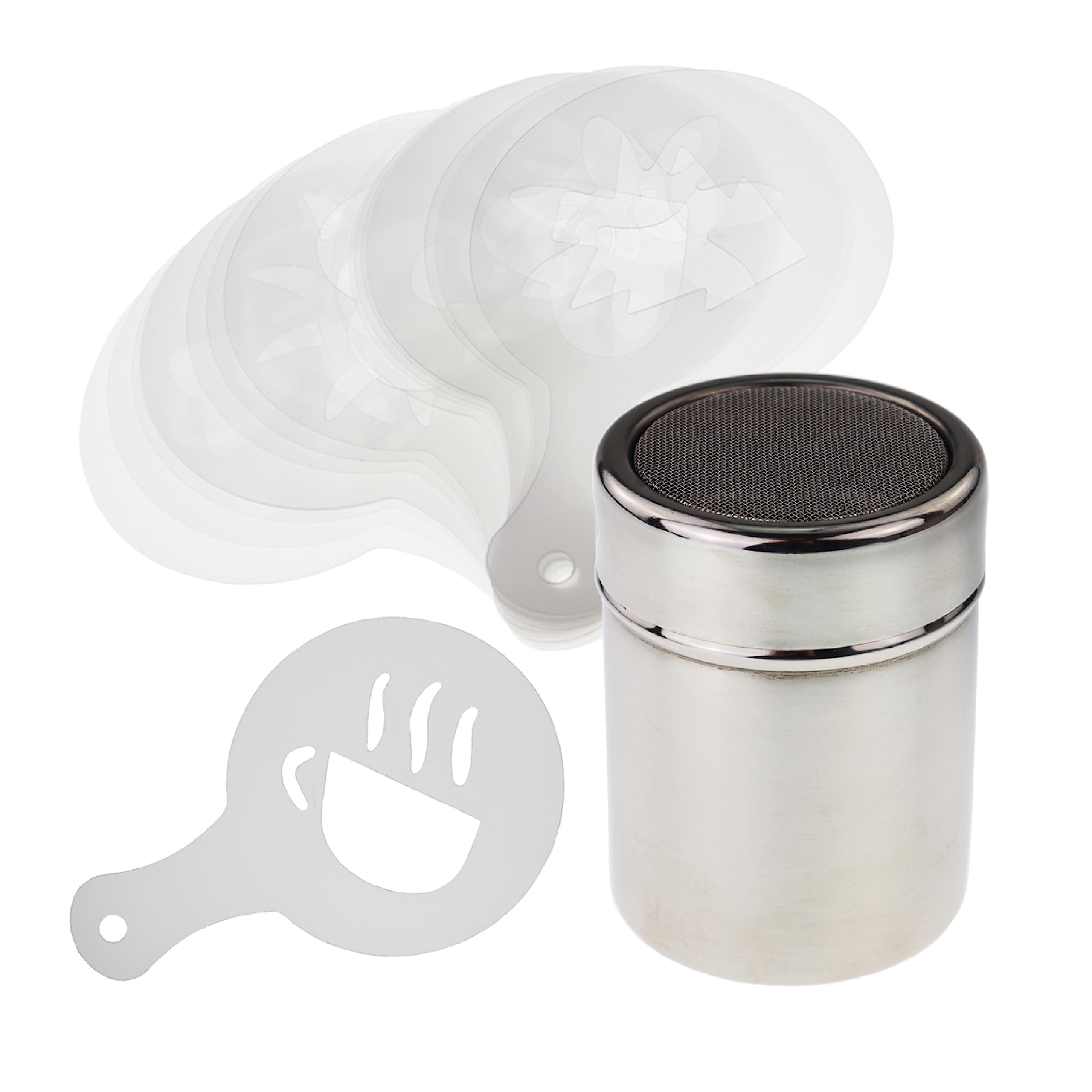 Chocolate Shaker with 16 Piece Coffee Stencils Set for Coffee Lovers Decorating Cappuccino Latte Hot Chocolate Cocoa Cake Design Decoration Duster