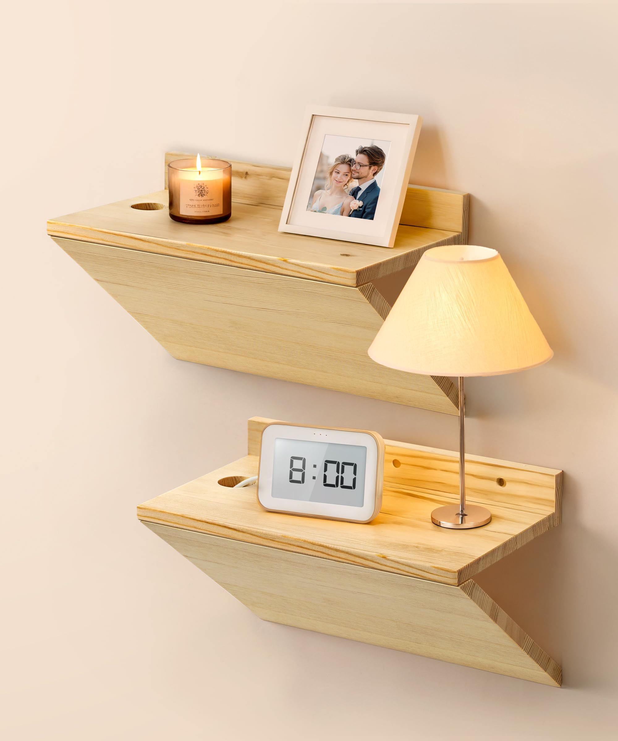 Photo 1 of Sivapleso Floating Nightstand, Walnut Wood Floating Bedside Table Z-Shape Wall Mounted Nightstand Small Hanging Night Stands for Bedroom (2, Natural Wood)