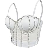 VEENDEO Women's Handmade Rhinestone Diamond Push up Bustier Crop Top Punk Corset Bra Vest With Detachable Strap