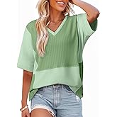 Dokotoo Oversized Tshirts for Women V-Neck Summer Tops Short Sleeve Fluffy Touch Waffle Casual Loose Fit Blouse