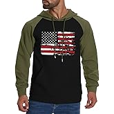 BlackTeak Men's Hoodies American Flag Print Sweatshirt Waffle Raglan Split Color Graphic Casual Drawstring Pullover