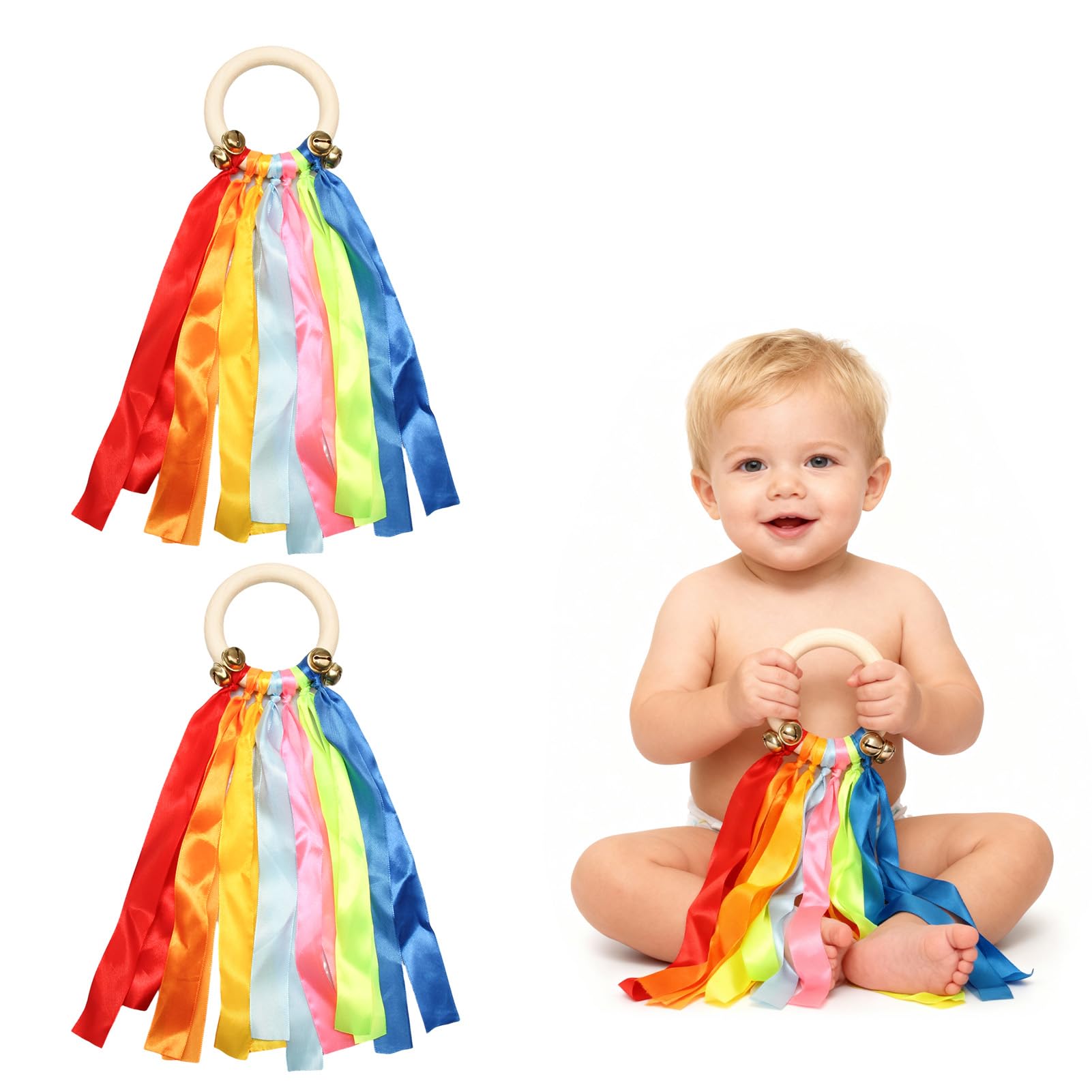 2Pcs Sensory Wooden Ring Baby Toys, Montessori Baby Ribbon Toy with Bells, Wooden Rattles for Baby Development, Educational Baby Sensory Toys for Crawling Play, Wooden Baby Toys