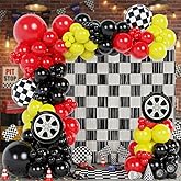 BlissBash 132Pcs Race Car Balloon Arch Garland Kit With Red Black Yellow Checkered Wheel Balloons Checkered Fringe Curtain for Monster Truck Garland, Boy Birthday Decor, Lightning Car Party Backdrop
