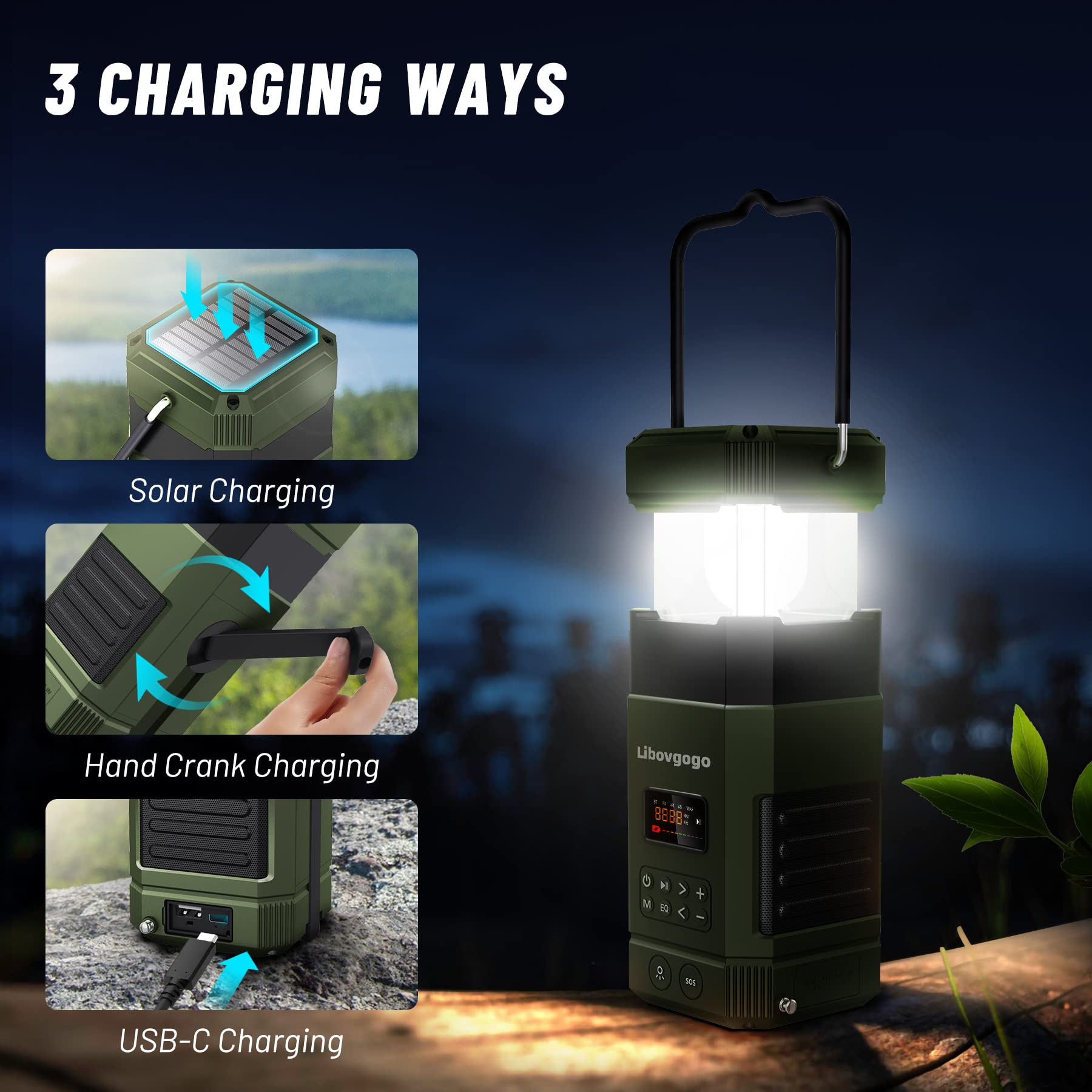 Wiederaufladbare LED Campinglampe, 3 Lichtmodi, IP65 wasserdichter Bluetooth Lautsprecher, 5000mah AM UKW Kurbelradio mit Handyladefunktion Solar, Taschenlampe, Stroboskoplicht, SOS Alarm 2