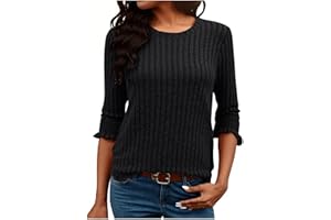 Womens Ruffle Cuffs 3/4 Sleeve Tops Fall Sweater Ribbed Knit Round Neck Soft Comfy Shirts Tee Business Casual Blouse