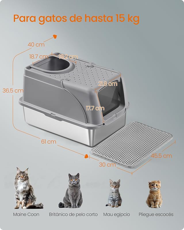 Areia para gatos, aço inoxidável para gatos com tampa rebatível, cinzento-pomba