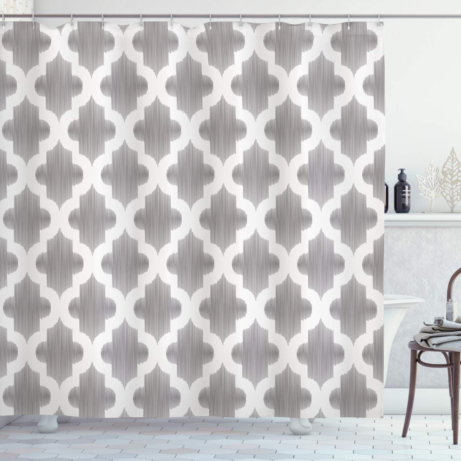 ABAKUHAUS Grey and White Shower Curtain, Damask Geometric Middle Eastern Effects Design Print, Cloth Fabric Bathroom Decor Set with Hooks, 94 Inches, Dimgrey White — image 1