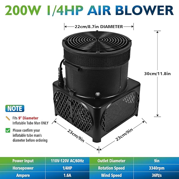 1/4 HP WACKY WAVING INFLATABLE TUBE GUY AIR BLOWER, 200W INFLATABLE TUBE MAN BLOWER FAN, FITS 9″ DIAMETER INFLATABLE DANCER