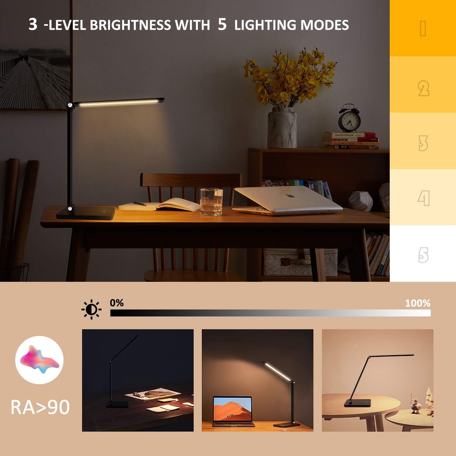 LED Desk Lamp, BEACON Desk Lamp with USB Charging Port, 5 Lighting Modes with 3 Brightness Levels, Memory Function, Eye-Caring Office Foldable Lamp, Touch Control, Black: Home Improvement