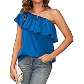 Womens Off Shoulder Satin Ruffle Layered Blouses Silk Short Sleeve Tunic Shirt Casual Tops