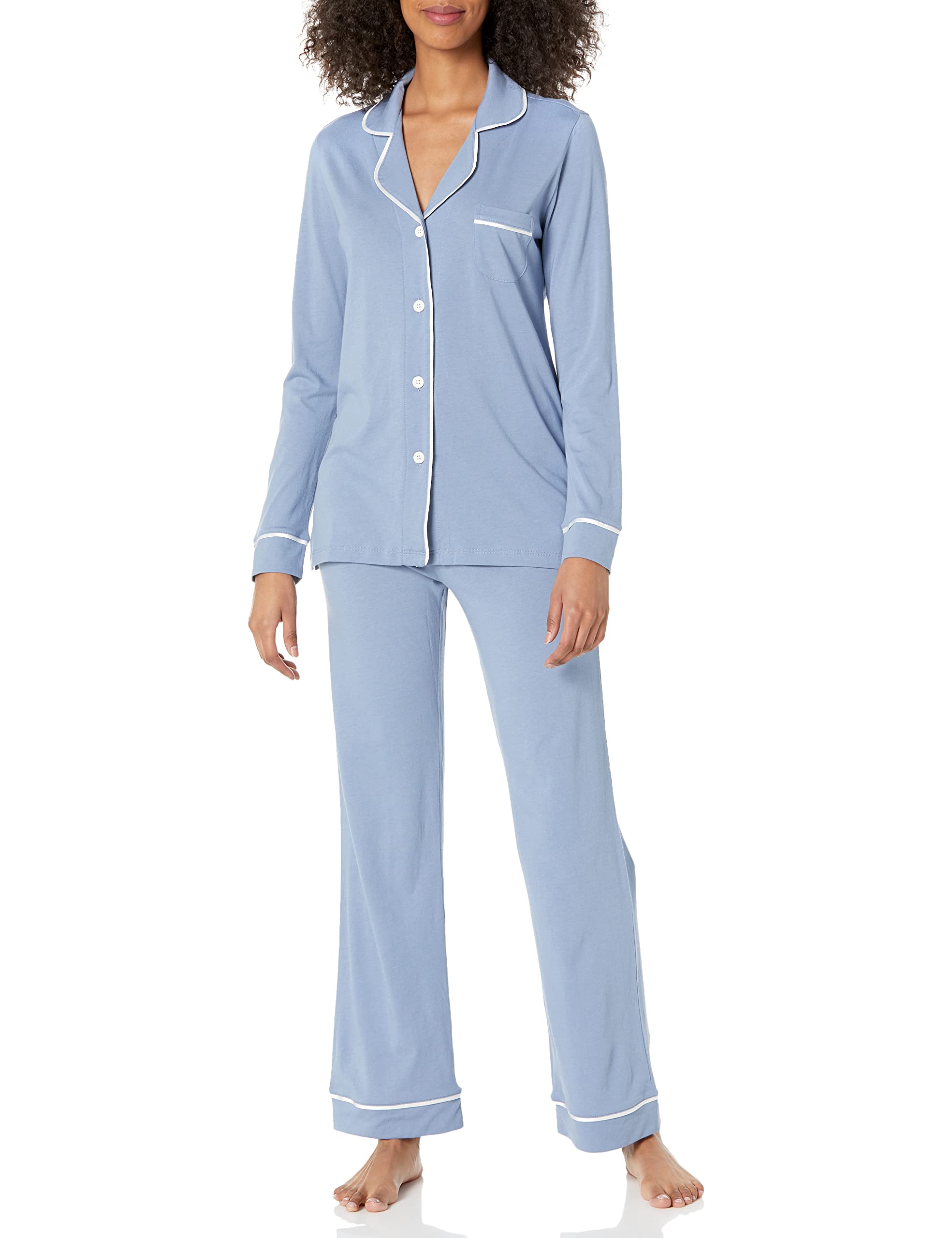 Cosabella Women’s Plus Size Bella Long Sleeve Top & Pant Pajama Set, Blue Diamond/Moon Ivory, 3X