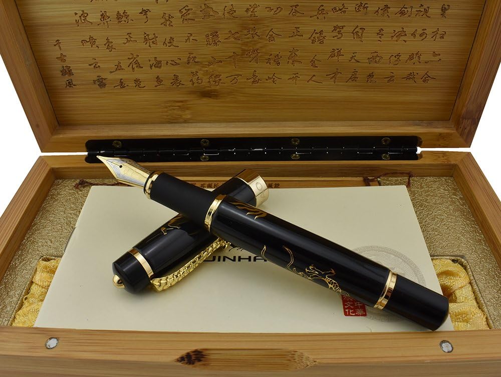 Stylo Plume Jinhao Serpent Noir Rétro - Pointe Moyenne, Tête De Mort Métal, Convertisseur Encre, Étui Inclus